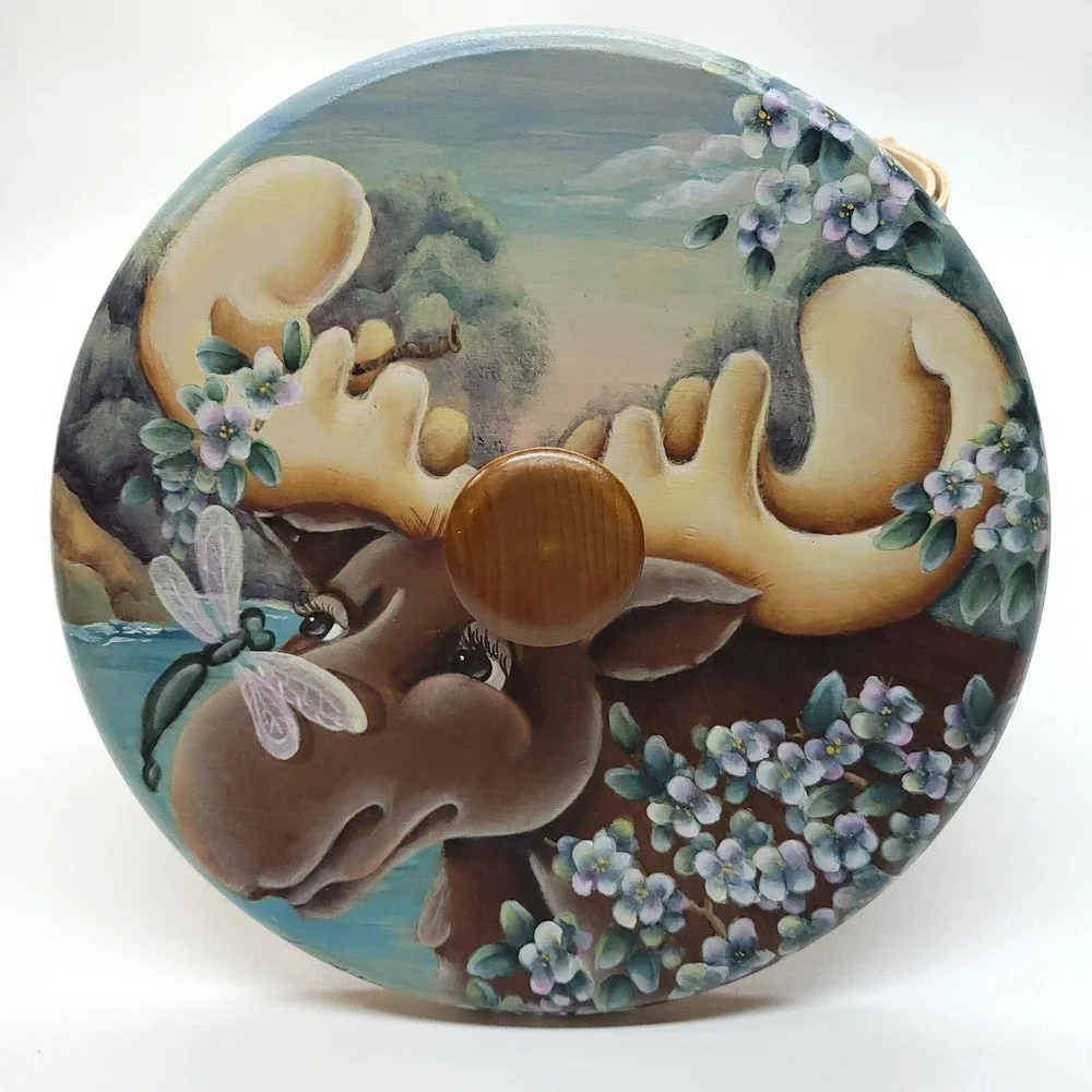 Pesky Bear Basket Wood Lid‎ Moose Dragonfly Hand-Painted Toni Keskey Handmade